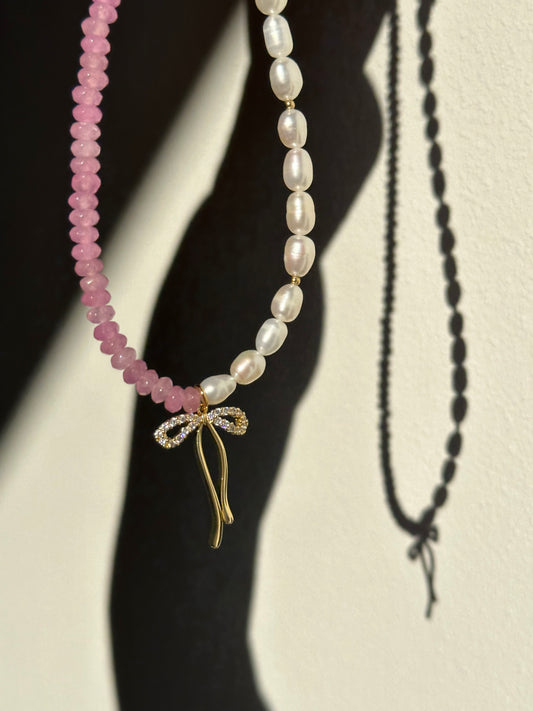 Cherry quartz bow necklace