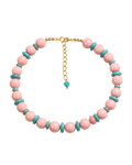 A beaded choker necklace featuring light pink round beads, turquoise blue spacer beads, and a gold-tone chain clasp with an extender and small heart charm, shown on a plain white background.