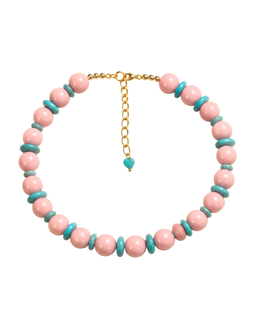 A beaded choker necklace featuring light pink round beads, turquoise blue spacer beads, and a gold-tone chain clasp with an extender and small heart charm, shown on a plain white background.