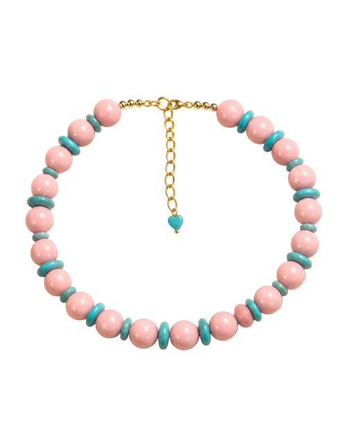 A beaded choker necklace featuring light pink round beads, turquoise blue spacer beads, and a gold-tone chain clasp with an extender and small heart charm, shown on a plain white background.