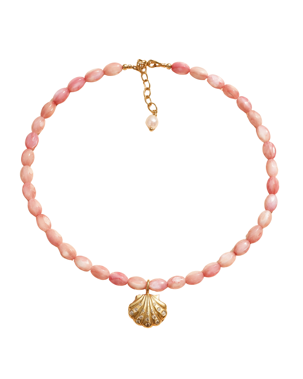 Necklace with pink beads and a gold shell pendant on a white background