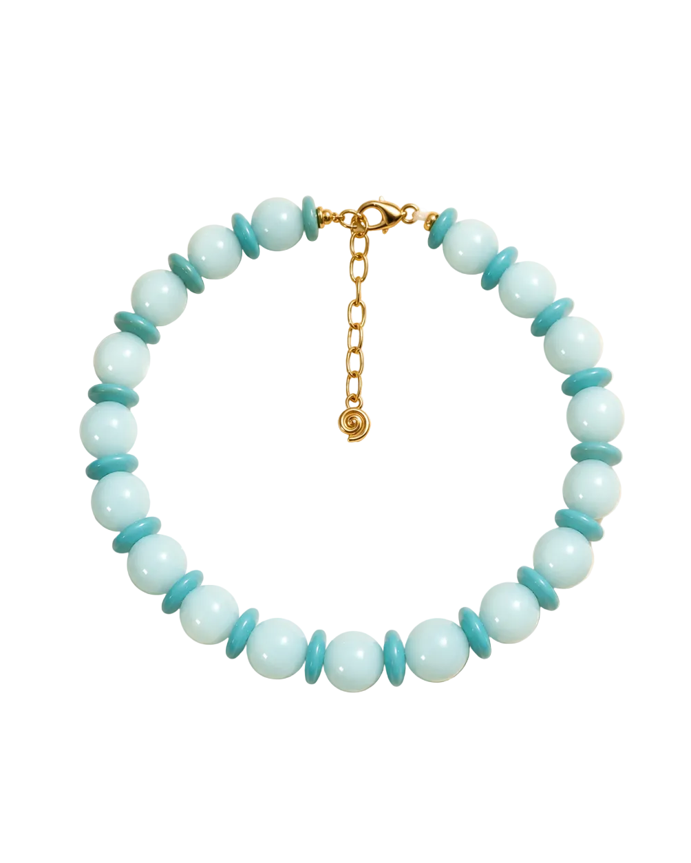 A beaded necklace displayed on a cream background with soft leaf shadows. The necklace features light aqua blue round beads alternating with smaller turquoise blue disc beads, finished with a gold clasp and extender chain.