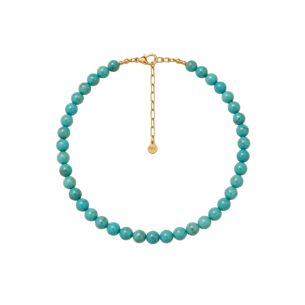 Turquoise beaded necklace with a gold clasp on a white background