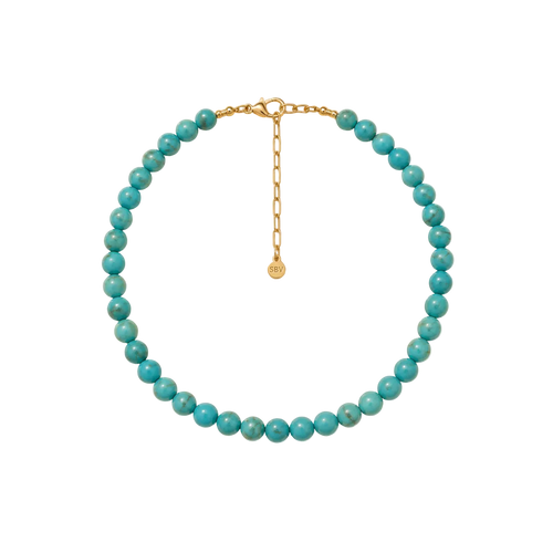 Turquoise beaded necklace with a gold clasp on a white background