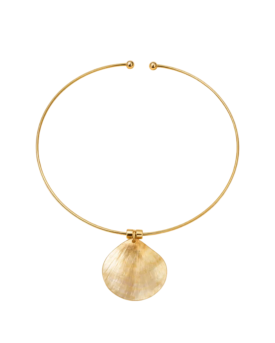 Gold necklace with a shell pendant on a white background