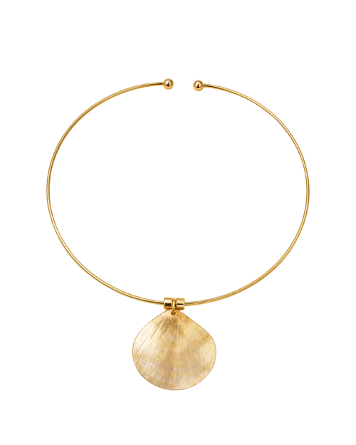 Gold necklace with a shell pendant on a white background