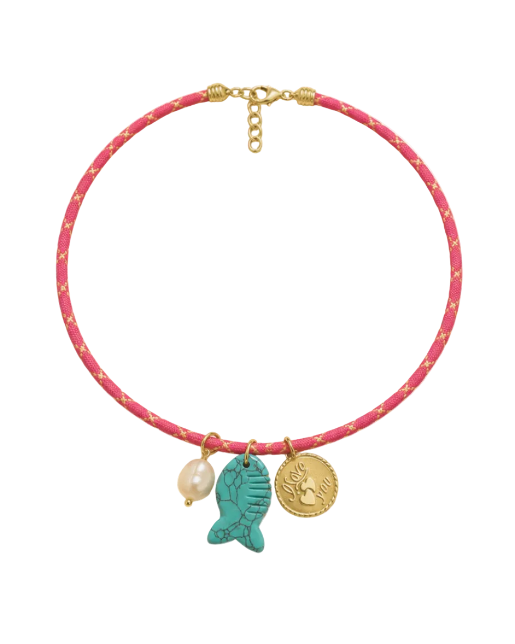 Necklace with pink cord, gold clasp, and three charms on a white background