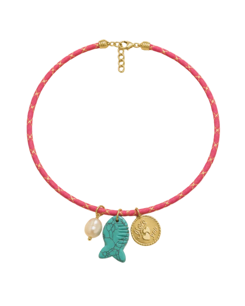 Necklace with pink cord, gold clasp, and three charms on a white background
