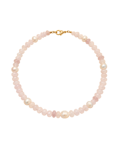 Necklace with pink beads on a white background