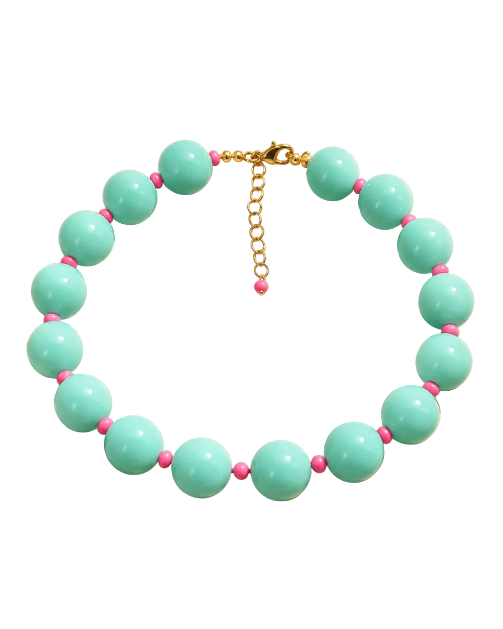 A beaded necklace with large mint green beads and small pink spacer beads, displayed on a beige background with decorative shadows. The necklace is labeled 'MIAMI POP NECKLACE' and 'SUMMER HEIRLOOMS' by the brand 'STACKED BY VALE'.