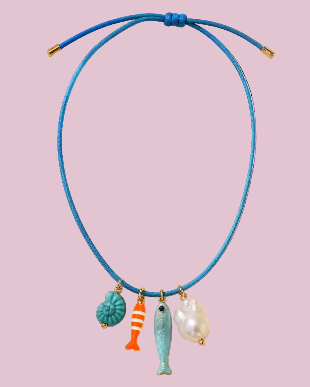 Necklace with colorful fish-shaped charms on a blue cord against a white background