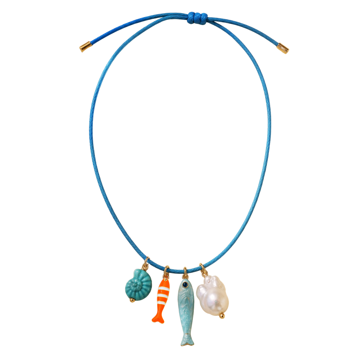 Necklace with colorful fish-shaped charms on a blue cord against a white background