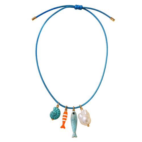 Necklace with colorful fish-shaped charms on a blue cord against a white background