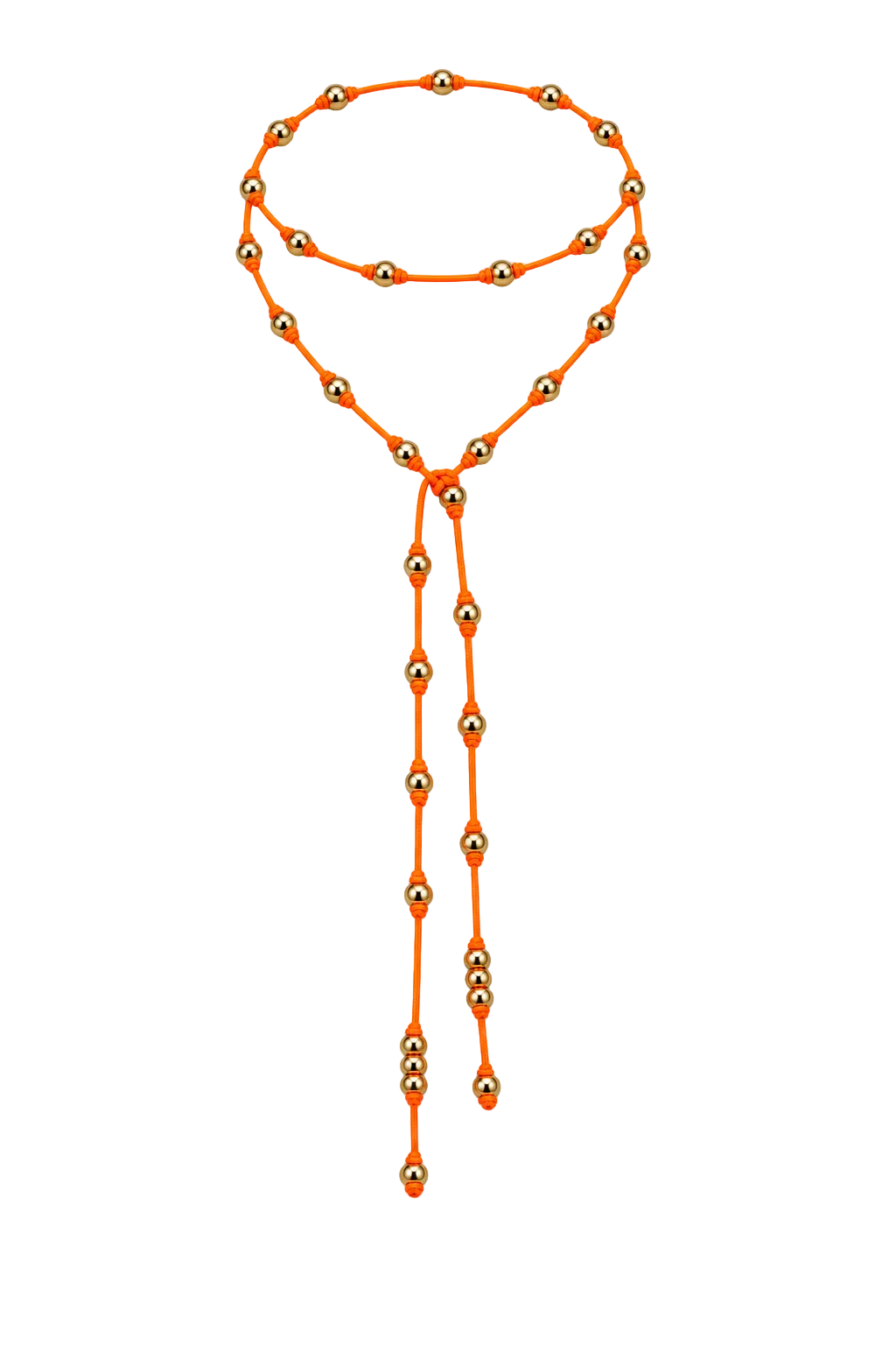 An orange cord necklace with metallic gold-toned round beads, arranged in a loop with two long dangling strands, shown on a light gray background.